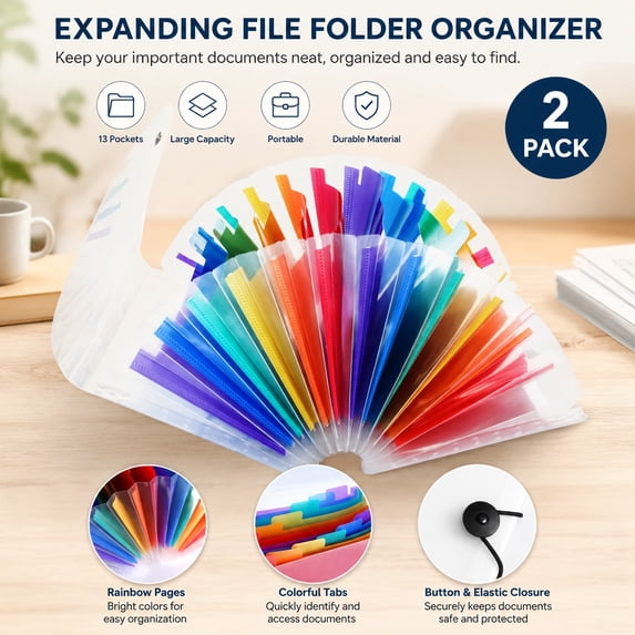 Personal File Rack 2 Pack 13-Pocket Expanding Accordion File Folder Organizer Wallet for ...