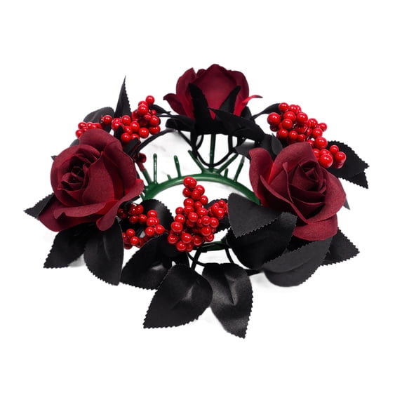 2-Pack 13 inch Halloween Candle Ring Wreath, Burgundy Rose Floral Candle Holder Garland, Romantic Autumn Decoration for Tabletop Centerpiece Home Decor
