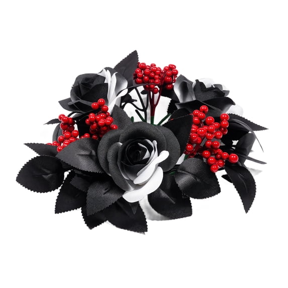 2-Pack 13 inch Halloween Candle Ring Wreath, Burgundy Rose Floral Candle Holder Garland, Romantic Autumn Decoration for Tabletop Centerpiece Home Decor