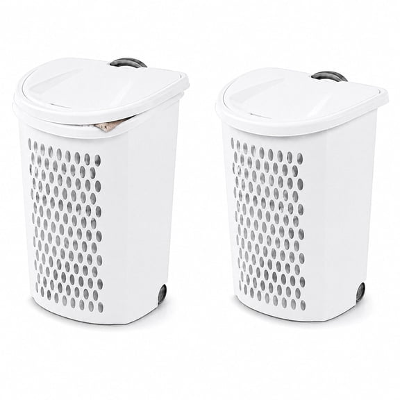 2-Pack 135L White Wheeled Plastic Laundry Hamper with Lid - Rolling Basket with Retractable Handle and Breathable Design for Bathroom Dorm