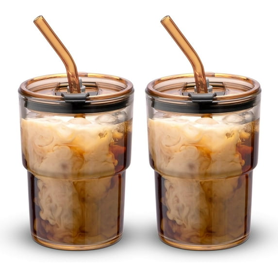 2 Pack 13oz/400ml Tumbler Water Glass, Water Bottle with Straw and Dustproof Lid, Coffee Ice Cup Double Wall Insulated Glass Cup(Amber)