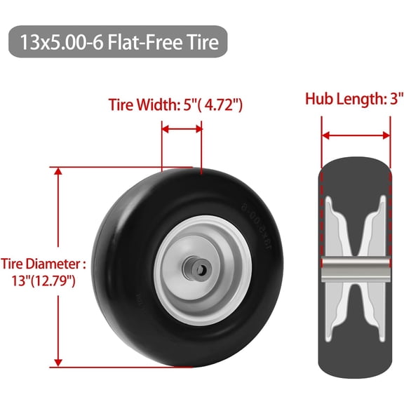 2 Pack 13x5.00-6 Flat Free Tire and Wheel for Riding Lawn Mower, Zero-Turn Smooth Tire with 3/4" & 5/8" Precision Bearings