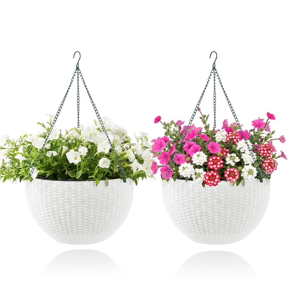 2 Pack 14 Inch Hanging Planter Baskets,Plastic Weave Wall Mounted Hanging Pots with Drainage Plug, Deep Inner Pot for Indoor Outdoor Plants, Flowers, Garden Balcony Decor