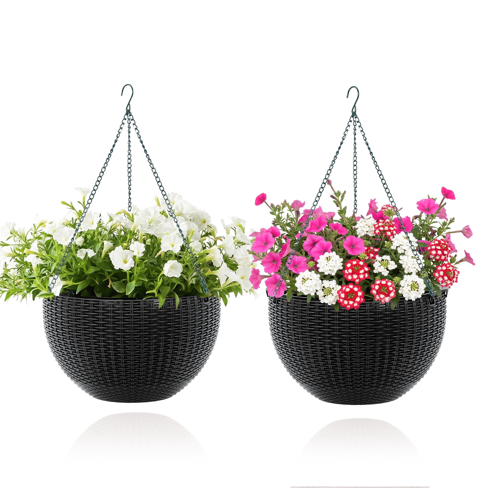 2 Pack 14 Inch Hanging Planter Baskets,Plastic Weave Wall Mounted Hanging Pots with Drainage Plug, Deep Inner Pot for Indoor Outdoor Plants, Flowers, Garden Balcony Decor