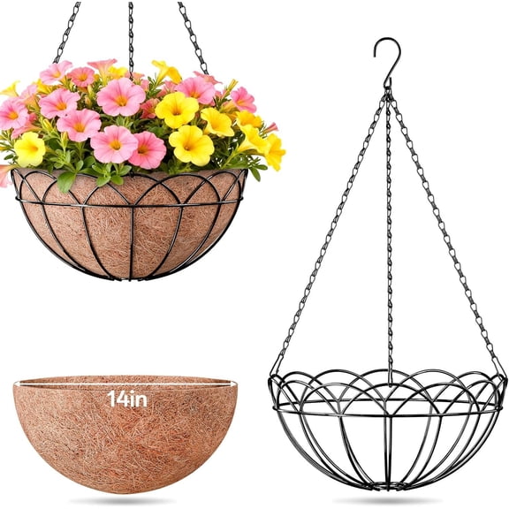 2 Pack 14 Inch Metal Outdoor Baskets, Round Wire Planter Basket with Coco Coir Liner, Large Flower Pots for Outdoor Garden Yard Patio Porch Balcony Decor