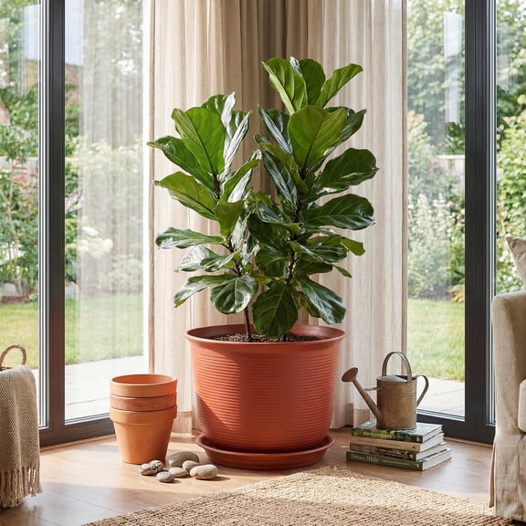 2 Pack 14 Inch Plastic Large Terracotta Plant Pot with Drainage Hole and Saucer Large Plant Tree Pots Flower Tree Containers for Indoor Outdoor Gardening Front Porch  Yard or Deck