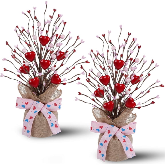 2 Pack 14 Inch Valentine Tree with Pink & Red Heart, Valentine's Day Table Decorations for Home, Artificial Trees Mantel, Tabletop Centerpiece Dcor