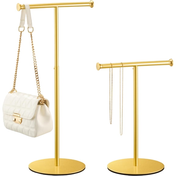 2 Pack 15‘’-24‘’ T Bar Purse Display Stand Tabletop: Adjustable Height Handbag Holder, Countertop Hanging Rack for Long Necklace Scarf Lanyard, Gold