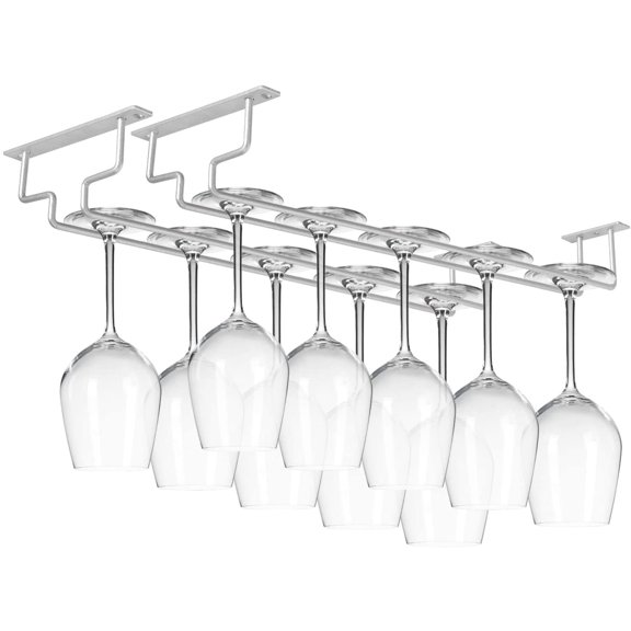 2 Pack 15.6" Wine Glass Rack - Under Cabinet Stemware Rack, Holds Up To 10 Glasses (Silver, 2 Pack)