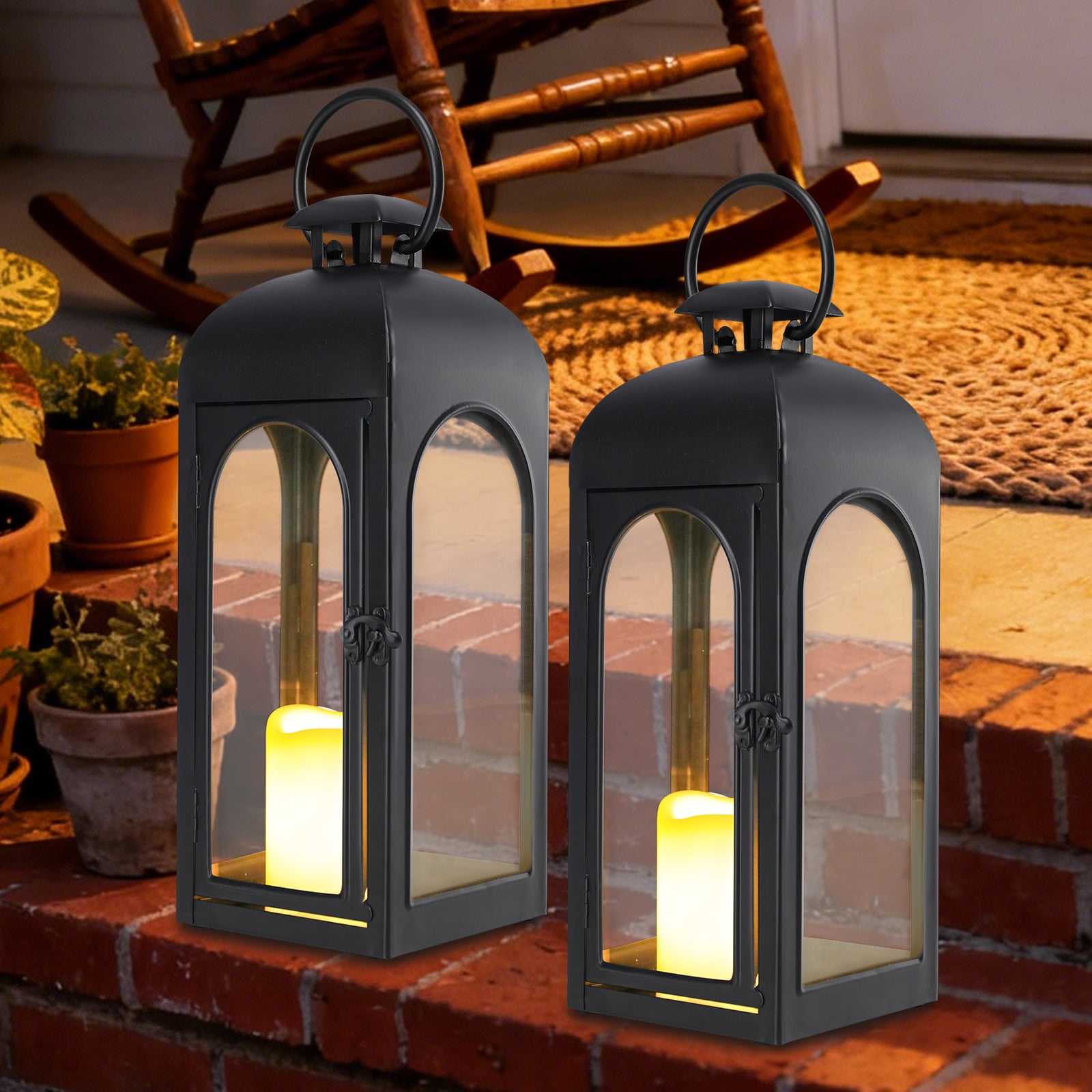 2-Pack 15.75 Inch Black Metal Lanterns with Remote Controls – Flameless LED Candle Decor for Patio, Porch & Home Decor