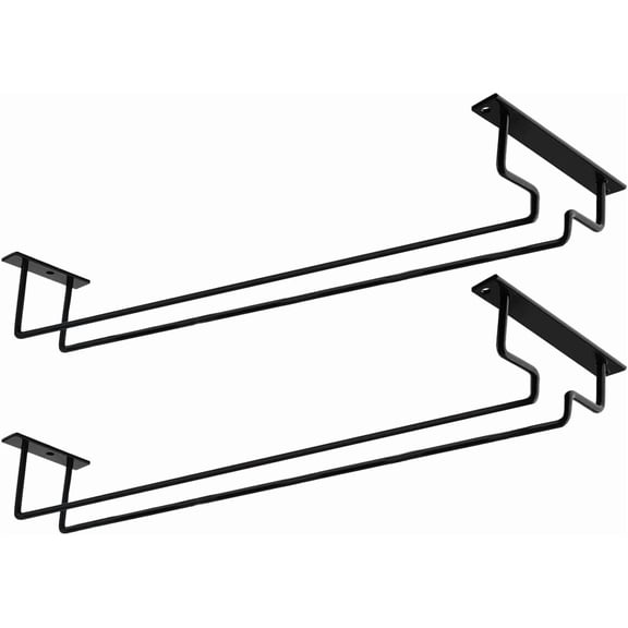 2 Pack 15.9-Inch Long Single Rail Metal Wine Glass Rack - Under Cabinet Stemware Storage Holder With Screws - Wire Hanger for RV Cabinet Kitchen Bar (Black, 2)