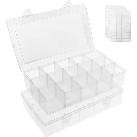 2 Pack 15 Grids Clear Plastic Organizer Box with Adjustable Dividers, Craft Storage Containers for Jewelry, Beads, Screws, Tackle Box, Washi Tapes, Small Parts Arts and Crafts