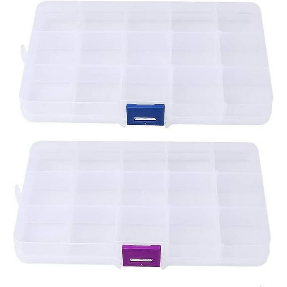 2 Pack 15 Grids Organizer Box, Plastic Jewelry Organizers with Adjustable Dividers Clear Storage Container for Beads Crafts Fishing Tackles