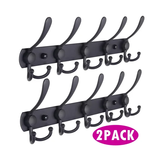 2 Pack 15 Hooks Stainless Steel Coat Hangers Rack Robe Hat Clothes Hook Wall Coat Rack Hooks Black-