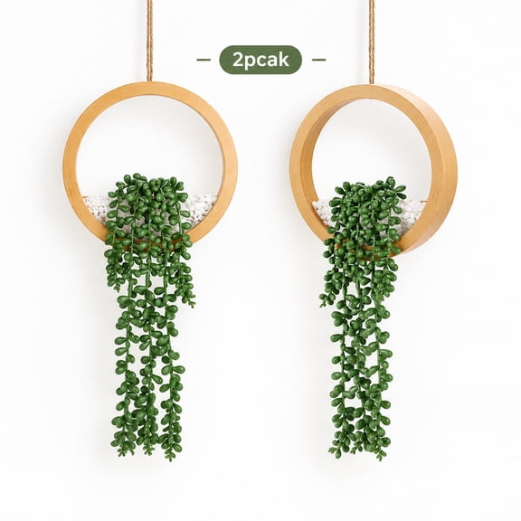 2 Pack 15 Inch Artificial Hanging String of Pearls Plants with Wood Tone Planters, Boho Style Wall Decor for Bathroom Bedroom Living Room Office Cubicle
