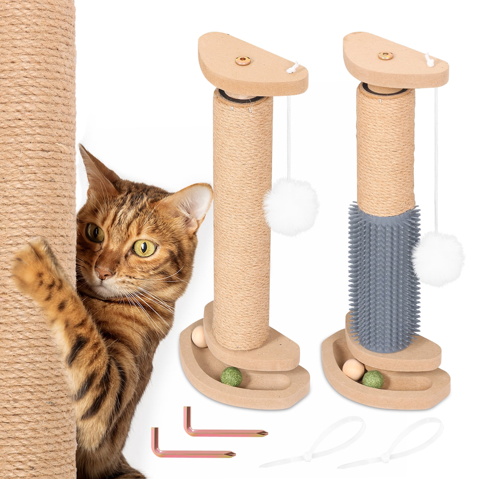 2 Pack 15"Tall Cat Scratching Post,with Track Ball Toy for Crate Cage Cage Mounted with Self Groomer and Massager Kennel Playpen Accessories