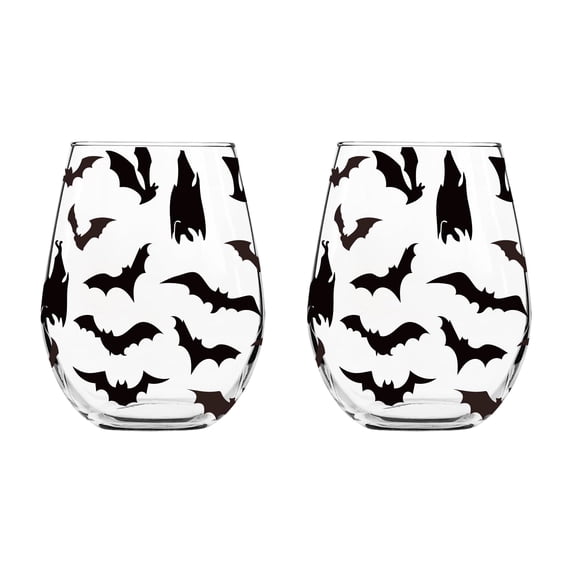 2-Pack 15 oz Stemless Halloween Glass Tumblers, Bat Print Drinking Cups for Water Juice Iced Coffee & Cocktails, Spooky Barware Set for Party Decor
