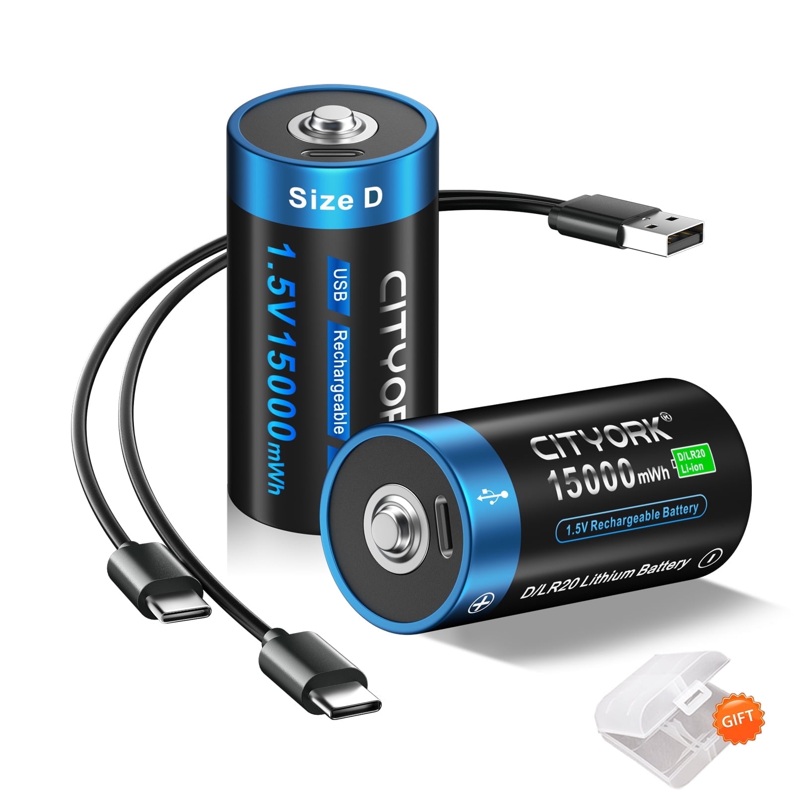 2 Pack 15000mWh 1.5V USB Lithium High Capacity D Size Rechargeable Batteries with 1 Pack Battery Case