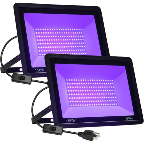 2 Pack 150W LED Black Lights, Flood Blacklight with Plug, IP66 Waterproof Outdoor UV Spotlight for Dance Party Large Space, Glow in The Dark, Halloween Lamp