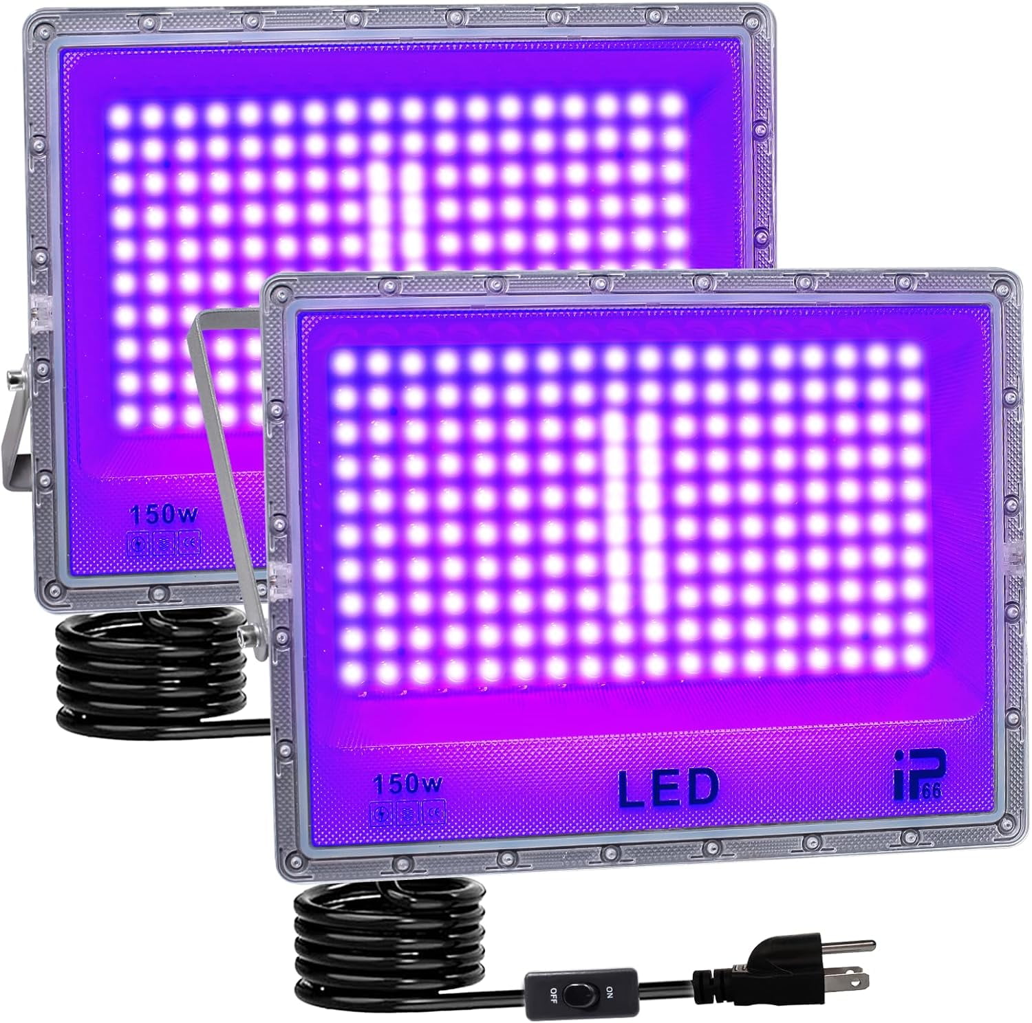 2 Pack 150W LED UV Black Light, Powerful Blacklight Flood Light with Plug and Switch, IP66 Waterproof, 395-405nm Blacklight Lamp for Party Body Paint Fluorescent Poster Halloween