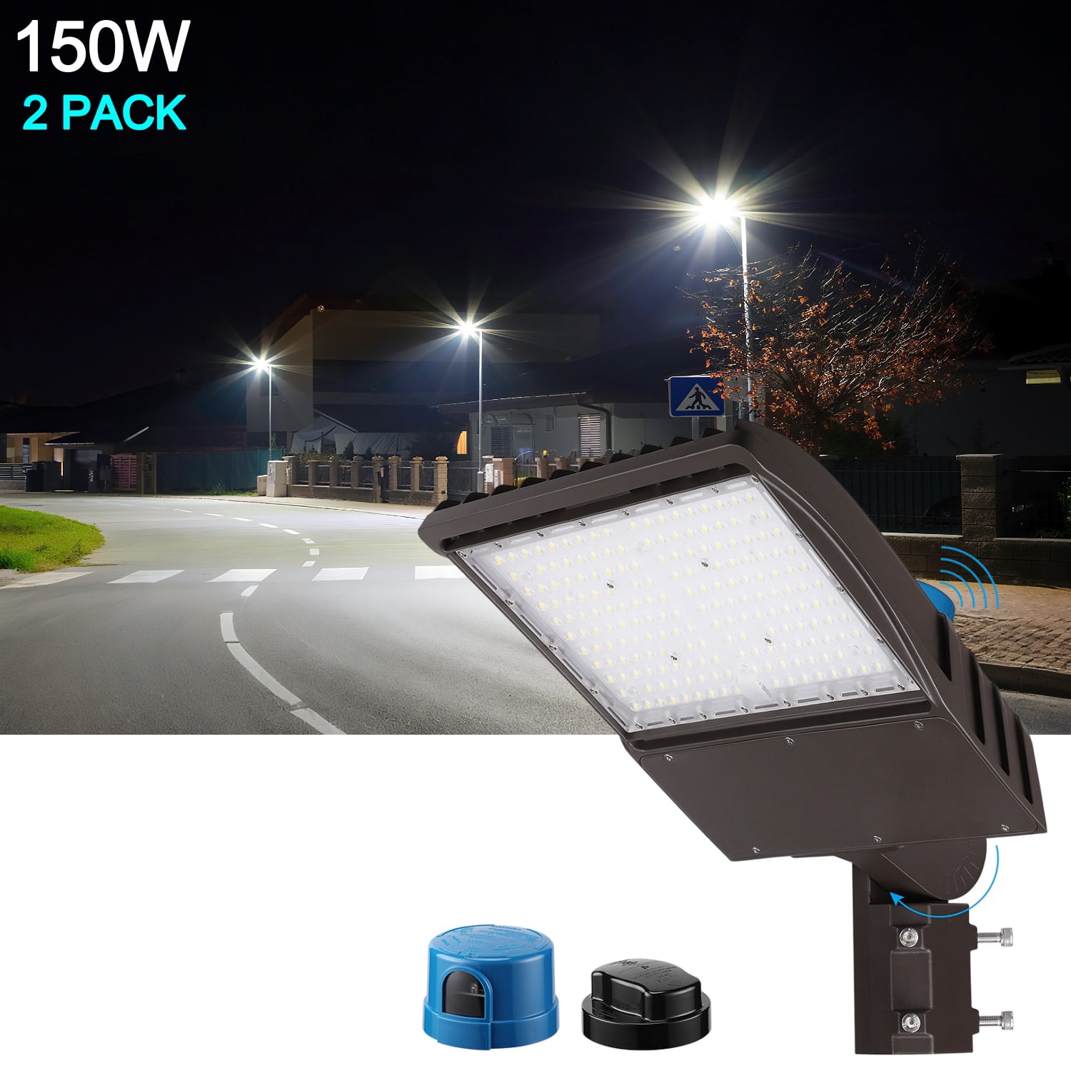 2 Pack 150W Outdoor LED Area Street Lighting, Parking Lot Lights Dusk to Dawn, Commercial Hardwired Pole Barn Lights, UL & DLC Listed, IP65 Waterproof, Slip Fitter Included, 5000K Daylight
