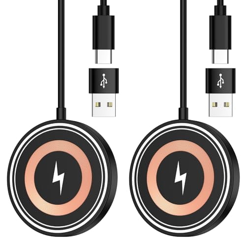 2-Pack 15W Magnetic Wireless Charging Pad with USB-A Adapter, Strong Magnet Fast Charging Station Compatible with Qi-Enabled Smartphones and Foldable Devices for Home Office Travel