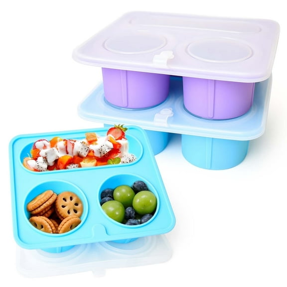 2-Pack 15oz Reusable Silicone Food Storage Containers, 3-Compartment Leakproof Snack Boxes, BPA-Free Ice Cube Molds for Meals & Snacks(Purple & Blue）