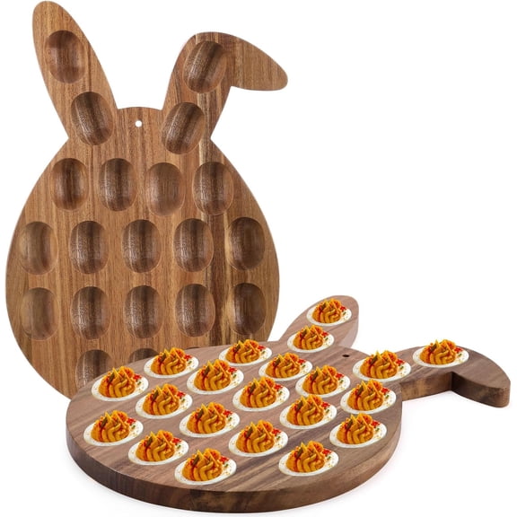 2 Pack 15x10 Inch Easter Deviled Egg Tray - Egg Shaped 21 Hole Wooden Holder for Spring Holidays