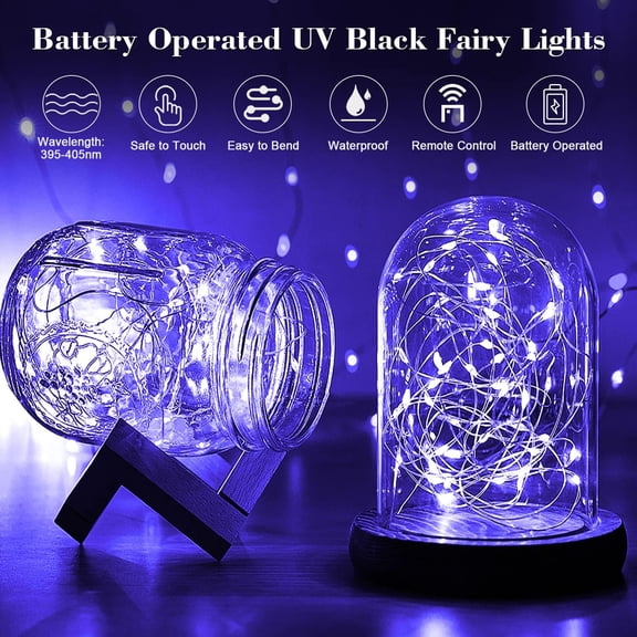 2 Pack 16.4 Ft 50 Led Black Light Fairy Lights, UV Fairy Lights Battery Operated with Remote & Timer, 8 Modes UV Black String Lights for Glow Party Body Paint Halloween Dcor