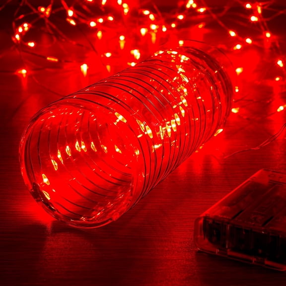 2 Pack 16.4ft Battery Operated String Lights with Timer, Red with Synchronized Twinkle Mode, Fairy Lights Battery Powered, 50 LEDs, Idea for Christmas Bedroom Party Wedding