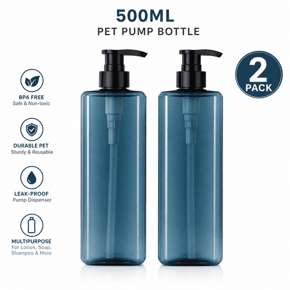 2 Pack 16.9oz PET Pump Bottles, Refillable Shampoo Lotion Soap Dispenser