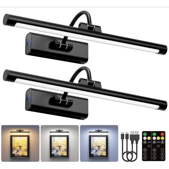 2 Pack 16" Black Picture Art Lights - 6000mAh Rechargeable Battery Powered Wireless Lighting for Home Gallery, Office, Living & Bedroom