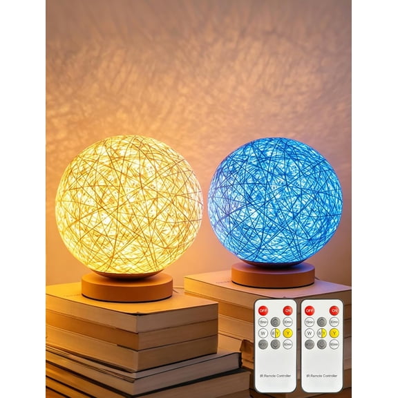 2-Pack 16 Colors RGB Modern Rattan Woven Table Lamp, Bedside Lamps Remote Control Dimmable, Boho Wicker Bamboo Woven Nightstand Desk Lamp for Bedrooms Living Rooms Desks Office Vintage Lamp
