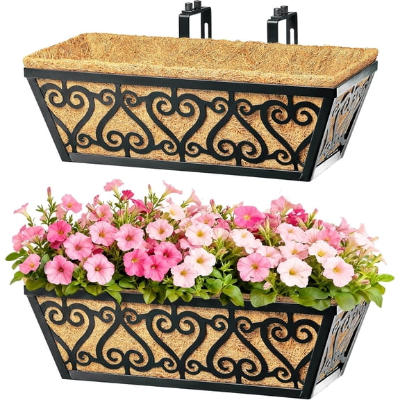 2 Pack 16 Inch Deck Railing Planter Box - Window Boxes Planters with Adjustable Brackets Coco Liners Balcony Planters Railing Hanging for Window Flower Boxes Outdoor Garden Decor