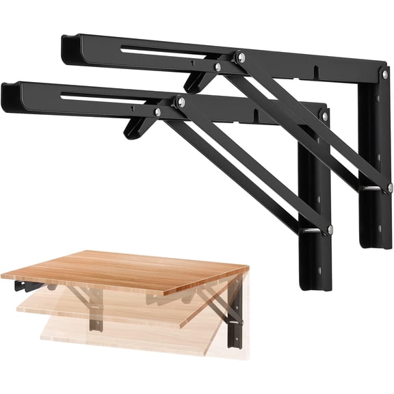 2-Pack 16 Inch Folding Brackets – Stainless Steel Fold-Down Table Hinges, Matte Black Heavy-Duty Wall-Mounted Design, Space-Saving