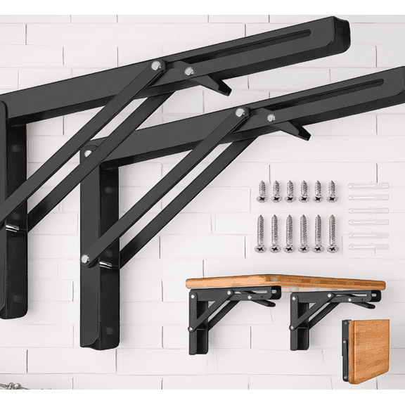 2-Pack 16 Inch Folding Shelf Brackets, Heavy Duty Collapsible Wall Mounted Triangle Support, Black