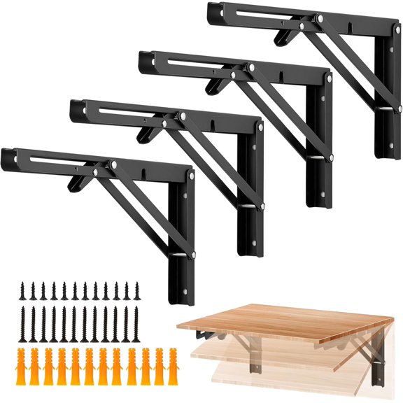 2 Pack 16 Inch Folding Shelf Brackets – Matte Black, Heavy Duty Collapsible Brackets for Tables and Benches – Space-Saving Design