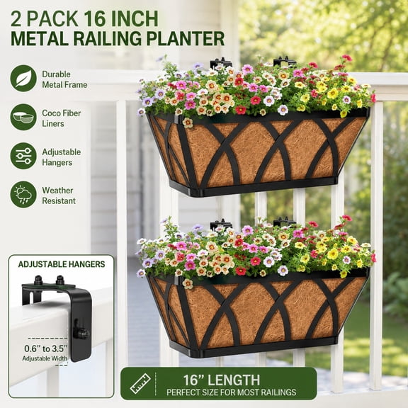2 Pack 16 Inch Metal Adjustable Railing Planter Box with Coco Liner - Window Flower Boxes for Deck, Balcony, Porch, Fence, Indoor Outdoor Plants