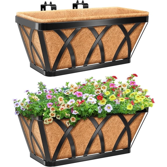 2 Pack 16 Inch Metal Railing Planter Window Box with Coco Liner- Adjustable Flower Boxes for Railings, Hanging Rail Planters Deck, Balcony, Porch, Fence, Indoor Outdoor Plants