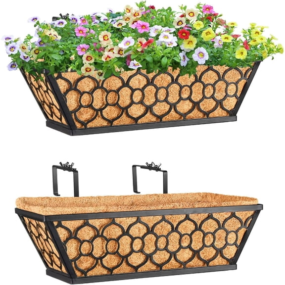 2 Pack 16 Inch Window Boxes Planters with Coco Liner, Metal Deck Railing Planter Boxes, Balcony Hanging, Horse Trough Flower for Outdoor Porch Fence Patio