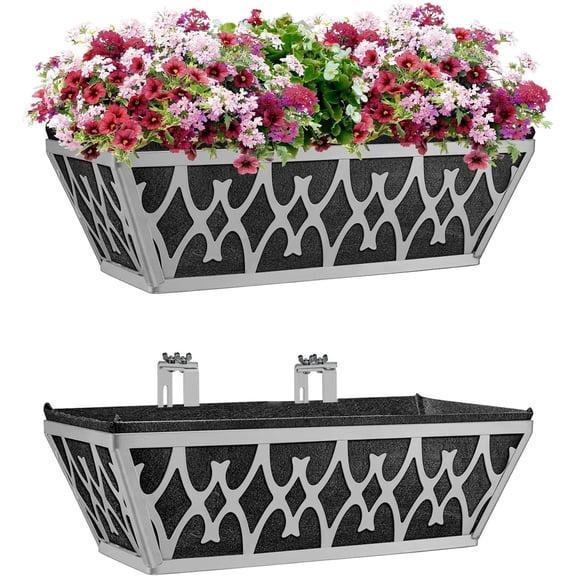 2 Pack 16 Inch Window Boxes Planters Railing Planter Box with Adjustable Brackets & Non-Woven Fabric Plant Grow Bags Deck Railing Planter Boxes Balcony Hanging Flower Box for Outdoor Plants
