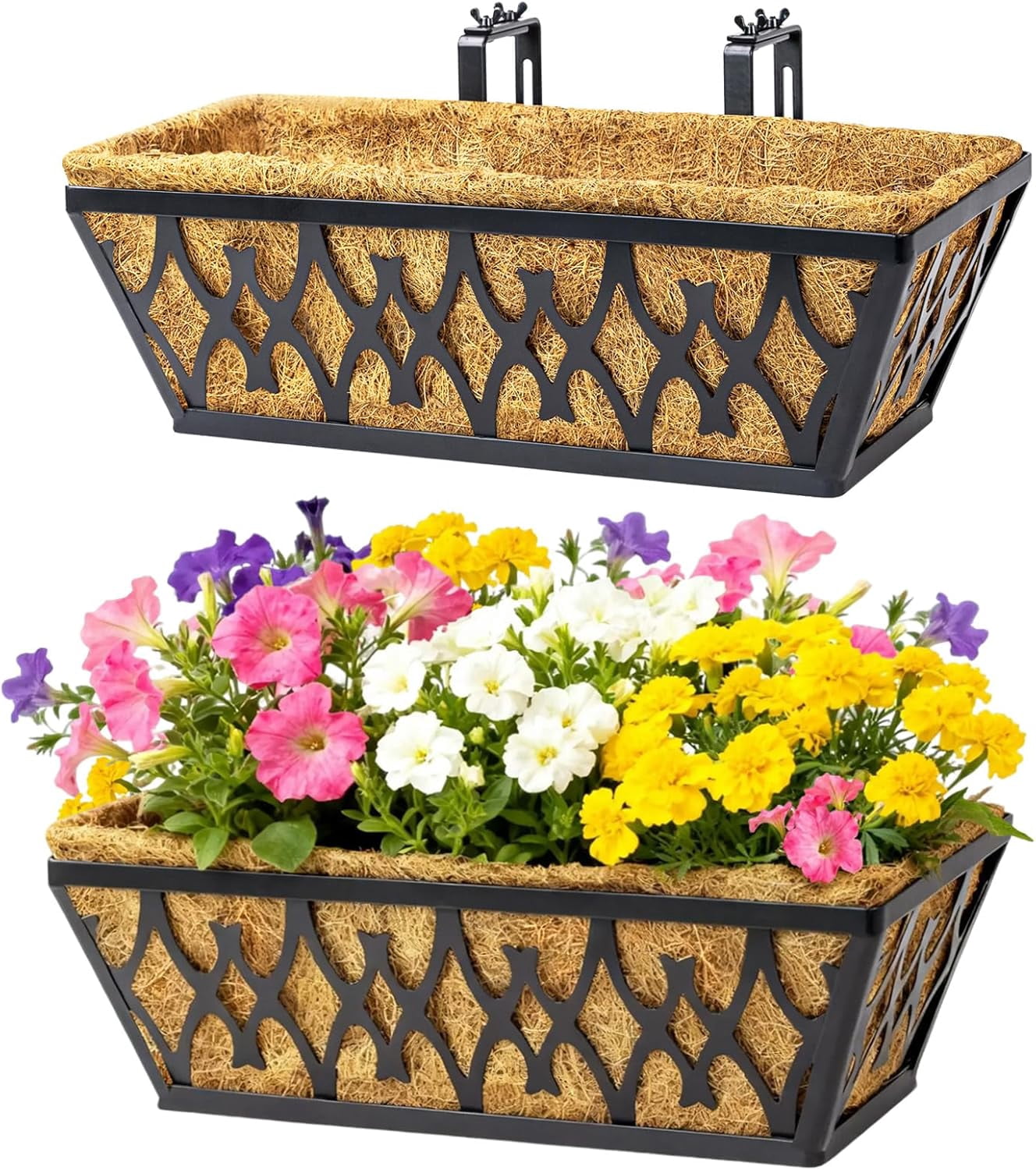 2 Pack 16 Inch Window Boxes Planters Railing Planter Box with Adjustable Brackets for Porch Fence Patio Balcony Hanging Flower Baskets with Coco Liners for Outdoor Garden Decor - Black