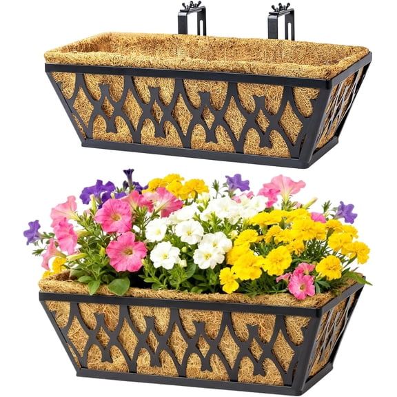 2 Pack 16 Inch Window Boxes Planters Railing Planter Box with Adjustable Brackets for Porch Fence Patio Balcony Hanging Flower Baskets with Coco Liners for Outdoor Garden Decor - Black