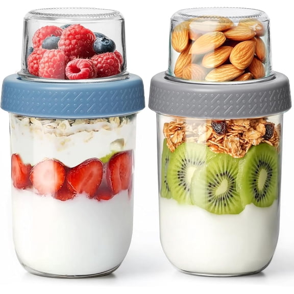 2 Pack 16 OZ Overnight Oats Containers with Lids, Dual-Layer Glass Meal Prep with Dry and Wet Separation, Airtight Food Jars for Oatmeal Yogurt Parfait Cups Cereal Nut Fruit (Mixed color 1)