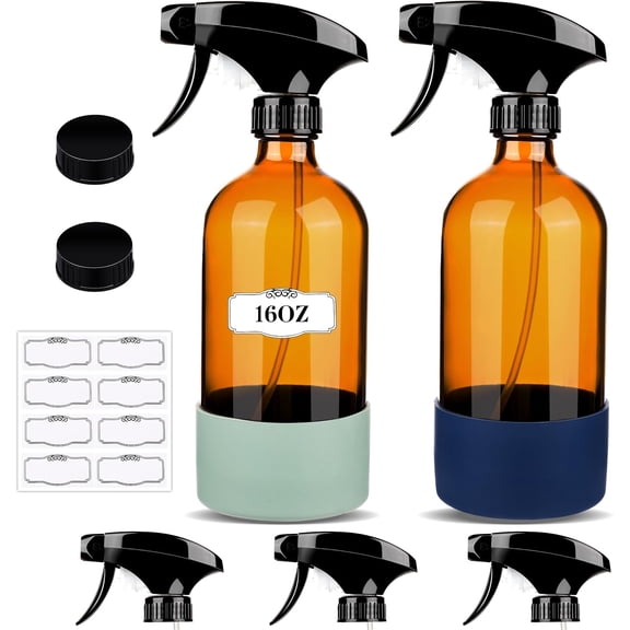 2 Pack/16 Oz Glass Bottles, Refillable Empty Containers with Sleeve, Upgraded Adjustable Nozzle Bottle Sets for Cleaning, Essential Oils, Hair ()
