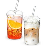 2 Pack 16 Oz Glass Cups with Lids and Straws, Iced Coffee Cup with Dome Lids, Clear Glass Coffee Cups, Glass Tumbler with Straw for Coffee Bar Accessories Gift, House, Warming Gifts, New Home