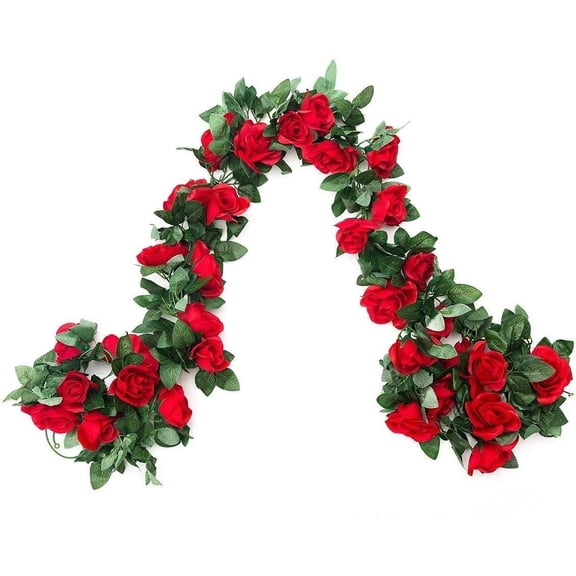 2 Pack 16FT Artificial Rose Garland Vine - Silk Fake Red Rose Flower Hanging Vine for Wedding Arch Home Wall Decor Valentine's Day Mother's Day Derby Day Party Decoration