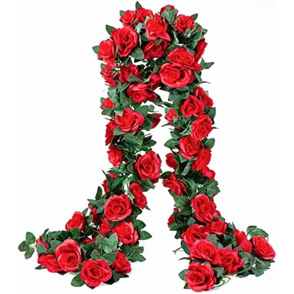 2 Pack (16FT) Artificial Rose Vine Fake Flowers Garland Hanging Silk Rose Ivy Plants Vine for Mother's Day Wedding Arch Party Garden Wall Aesthetic Art Décor (Red)