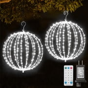 2 Pack 16INCH Outdoor/Indoor LED Christmas Light Ball ,Foldable Metal Sphere Lights, Connectable Waterproof 16 Modes with Timer, Hanging Tree Globe Lights for Holiday Christmas Decorations ( White)