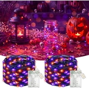 Halloween Fairy Lights Battery Operated, 2 Pack 16FT 50LED Orange Purple Dimmable Twinkle String Lights with Timer and 8 Modes, USB Waterproof for Bedroom Party